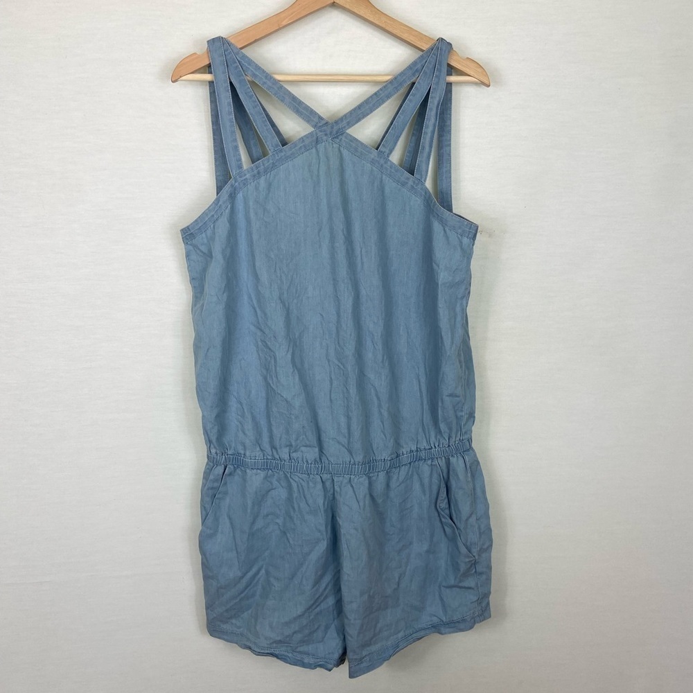 FABLETICS Blue Chambray Liza Romper Sleeveless Short Cinch Waist